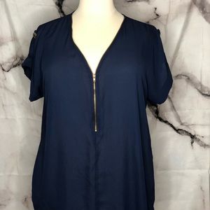 Blue military front zipper blouse